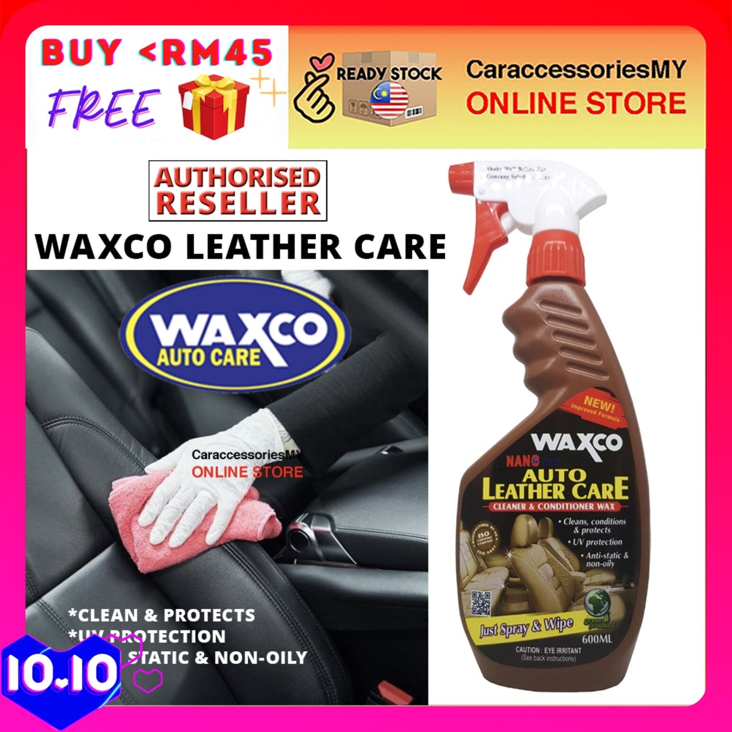 Waxco Auto Leather Care Cleaner & Conditioner Wax (600ml) Nano tech UV protection car seat dirt remover