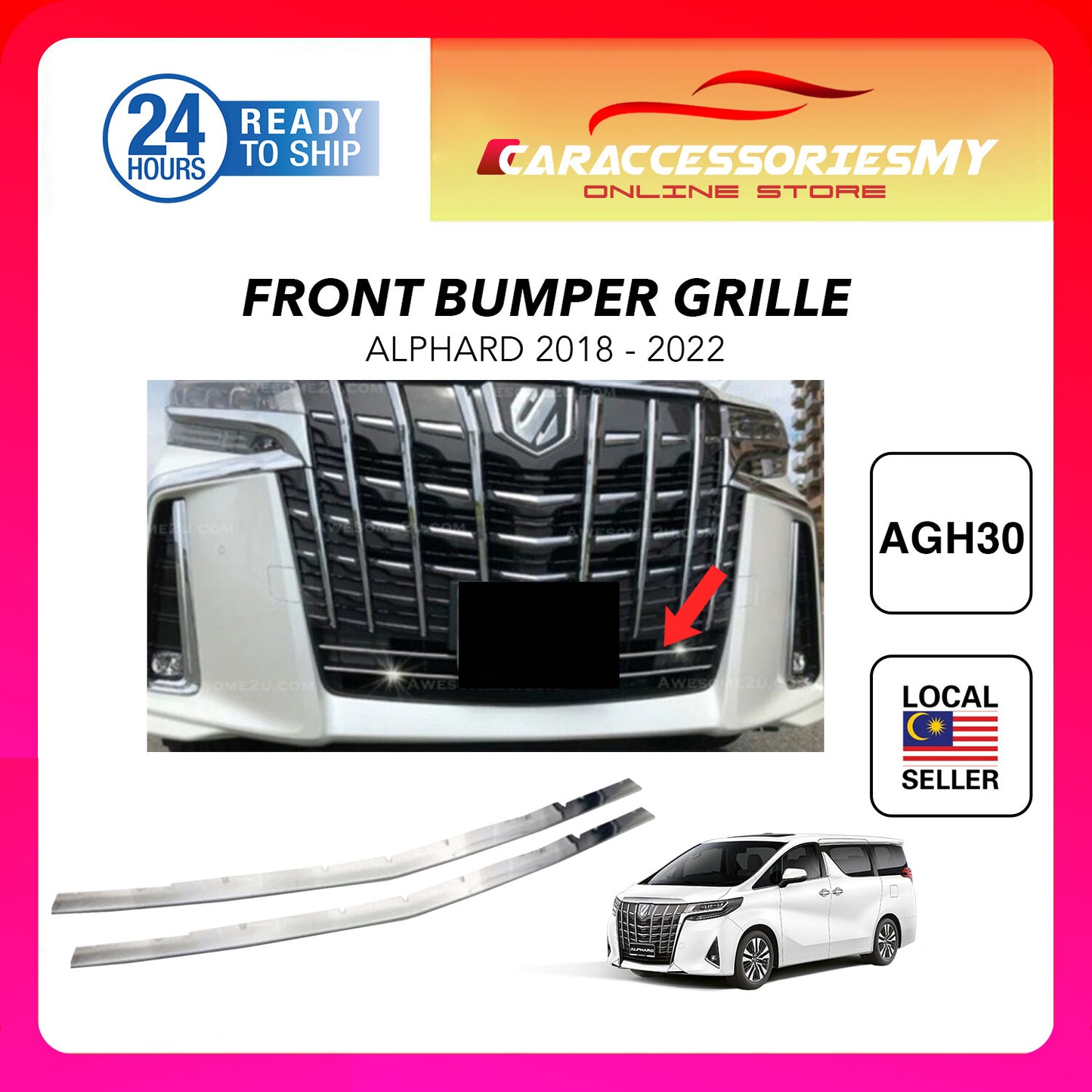 Toyota Alphard 2018-2022 AGH30 Front Bumper Grille Chrome Garnish Trim Lining Stainless Steel Frame