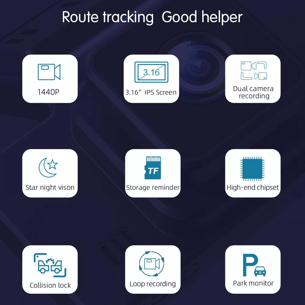 Fordayo Dashcam 2K dual lens front Night Vision Built-in GPS WiFi App Control WDR G-sensor Loop Recording 24H
