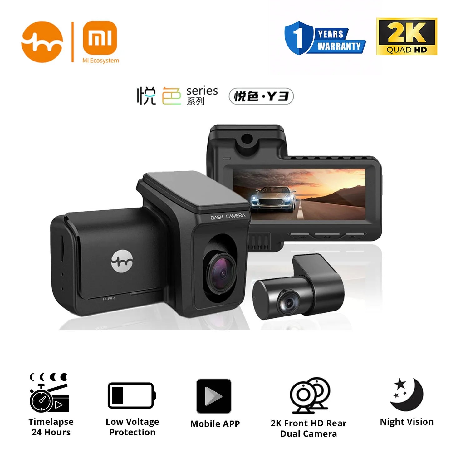 Yuemi Y3 2K dashcam front and back xiaomi ecosystem car recorder
