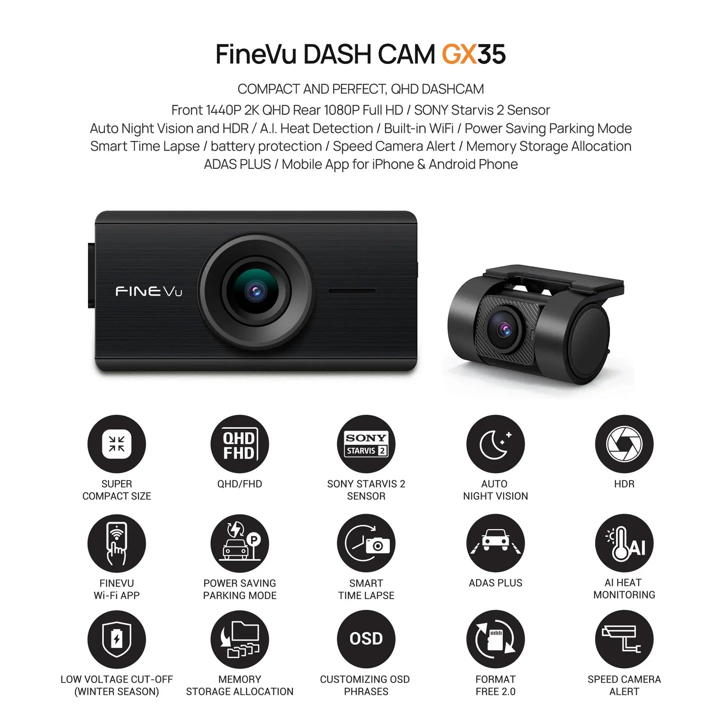 FineVu GX35 Front 2K QHD and Rear FHD 2 Channel dash cam