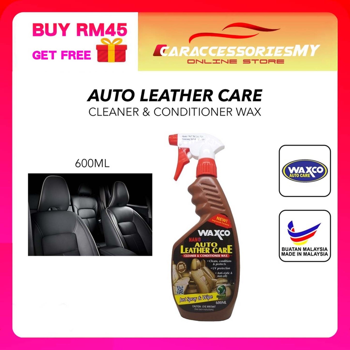 Waxco Auto Leather Care Cleaner & Conditioner Wax (600ml) Nano tech UV protection car seat dirt remover