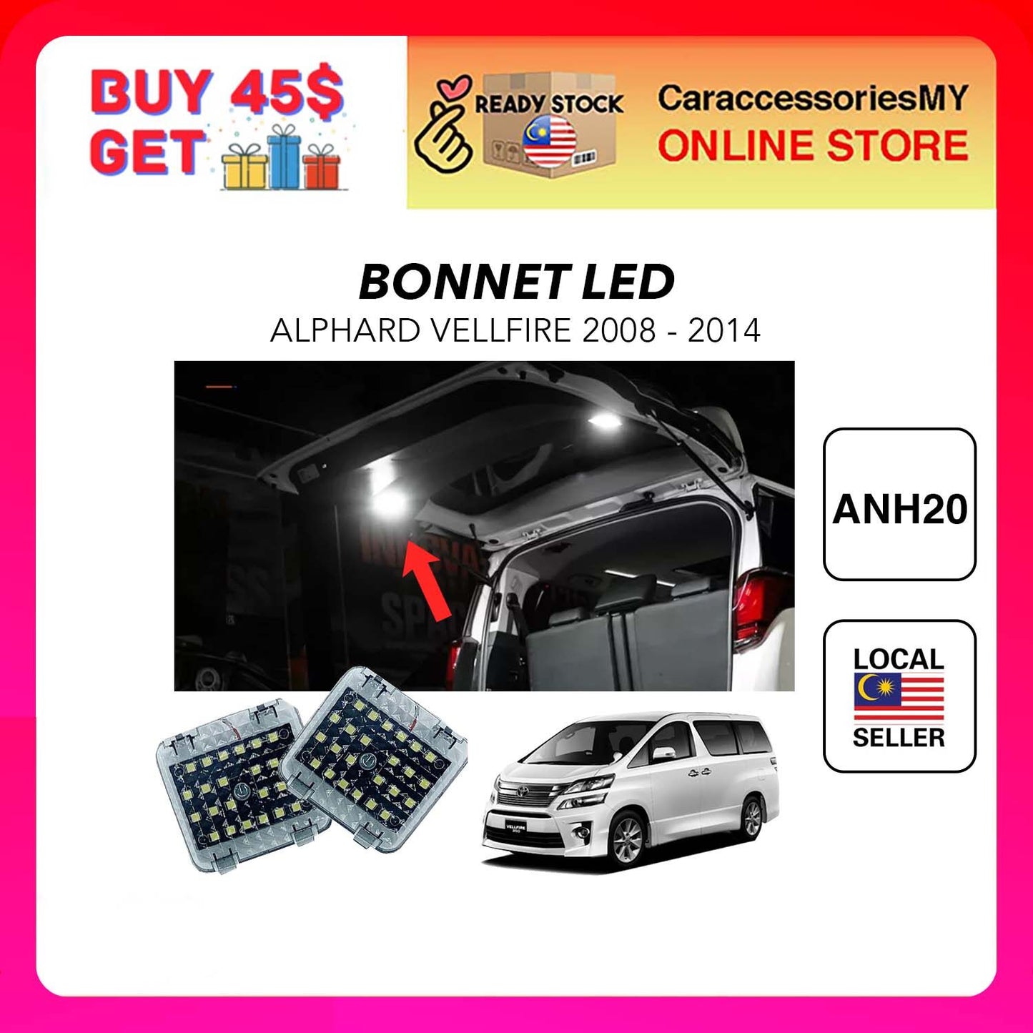 Toyota Alphard Vellfire ANH20 Rear Bonnet LED Lamp One Touch ON OFF Switch LED Luggage Light Lampu Belakang