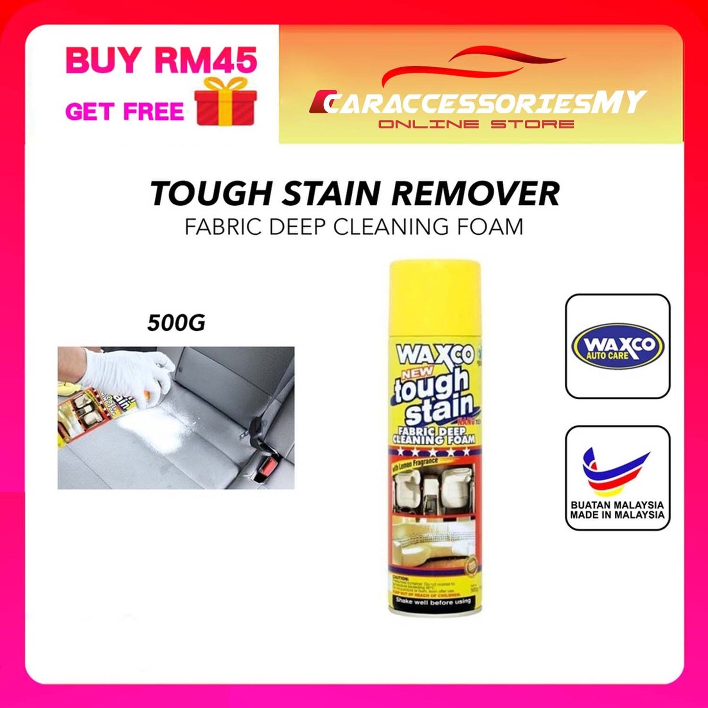 Waxco tough stain fabric deep cleaning foam lemon fragrance 500G car seat roof sofa carpet leather cushion stain remover