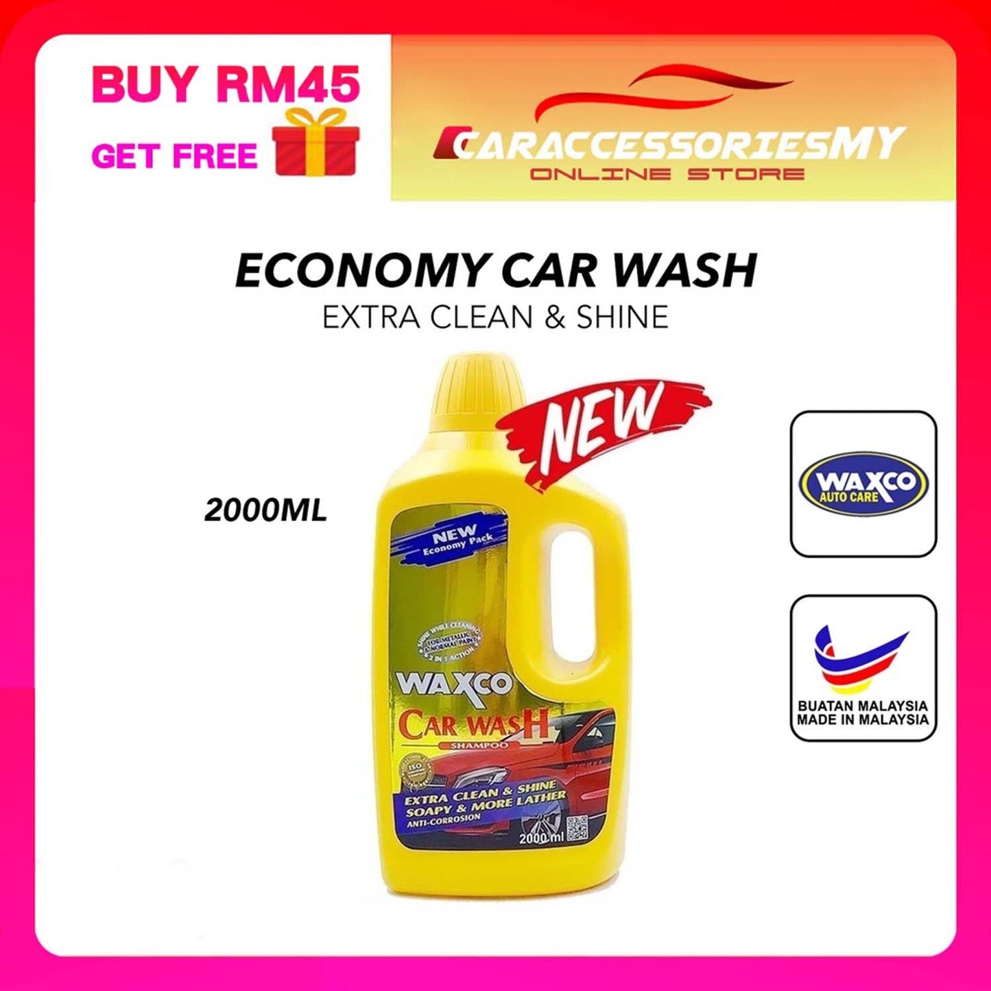 Waxco car wash shampoo Economy pack 2000ml clean & shine soapy for metallic and normal paint 2 in 1 car care sabun kereta snow wash 洗车液