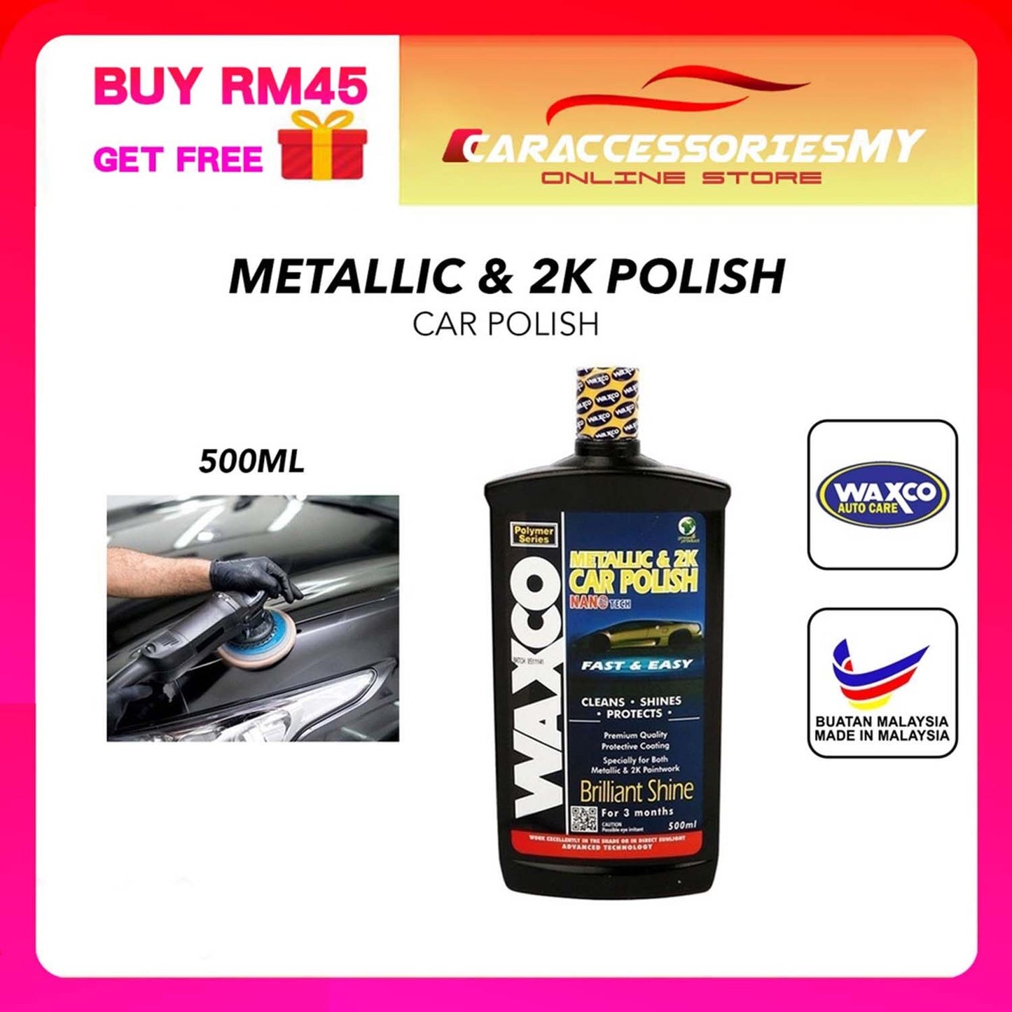 Waxco Metallic 2K Car Polish 500ml hilang calar coating kilat kereta wax shine compound detailing scratch stain remover