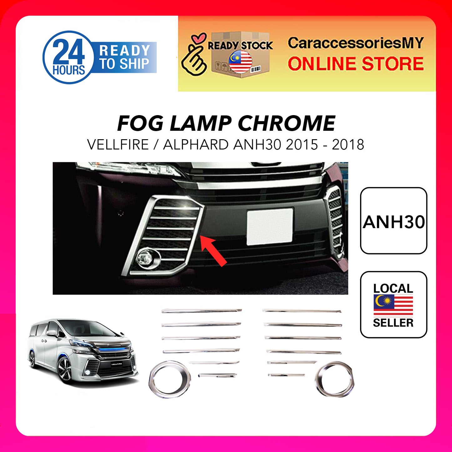 Toyota VELLFIRE 30 2015- 2019 Front Bumper ABS Garnish Chrome Trim Fog Light Cover Strip 14PCS SET anh30 fog lamp chrome trim