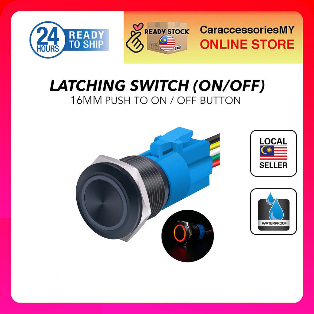 16mm Red LED 12V Black Shell Latching Push Button Switch 1NO 1NC Waterproof car button switch 5 pin car accessories replacement
