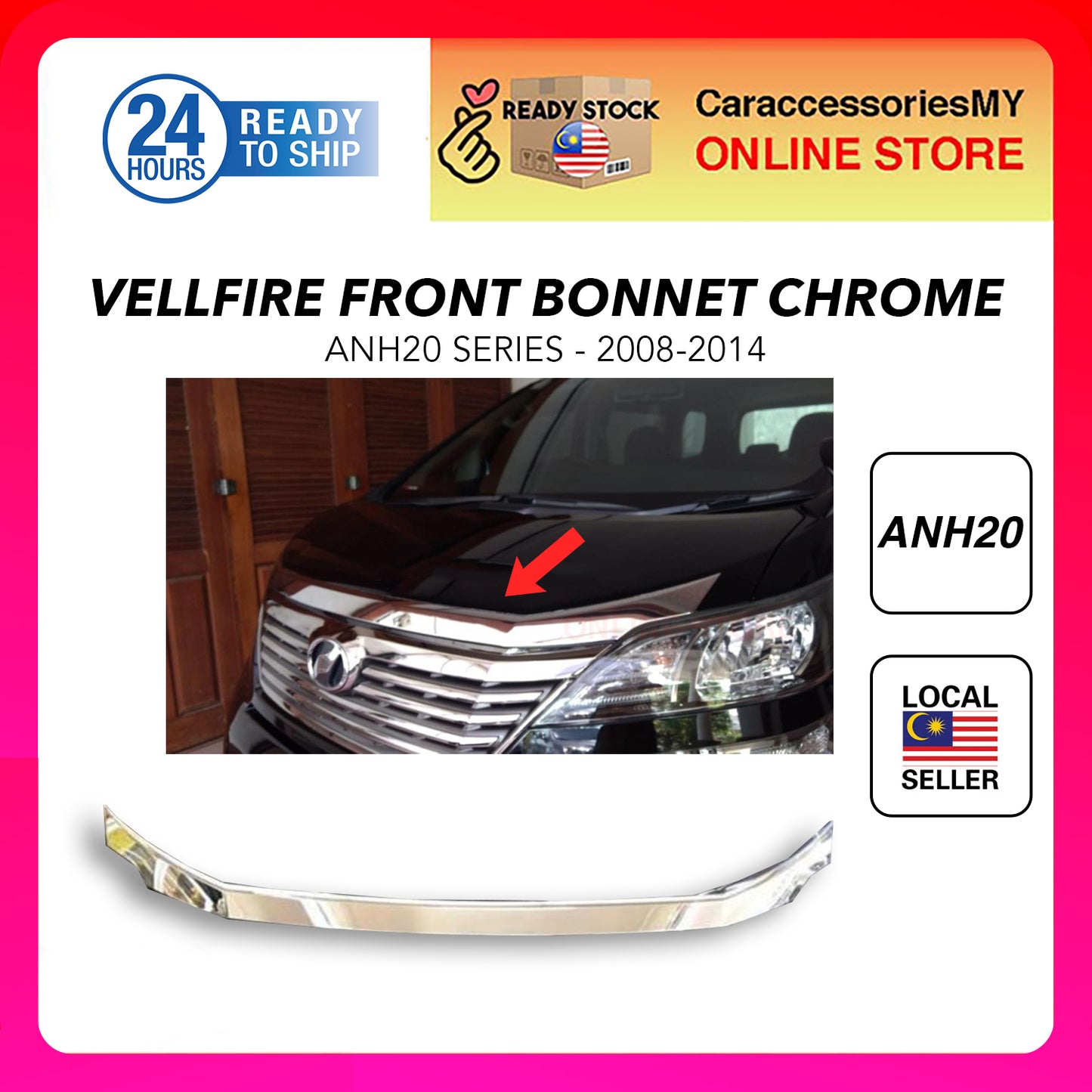 Toyota vellfire anh20 accessories bodykit chrome trim cover 2008-2014 front bonnet wing lining mounding abs chrome