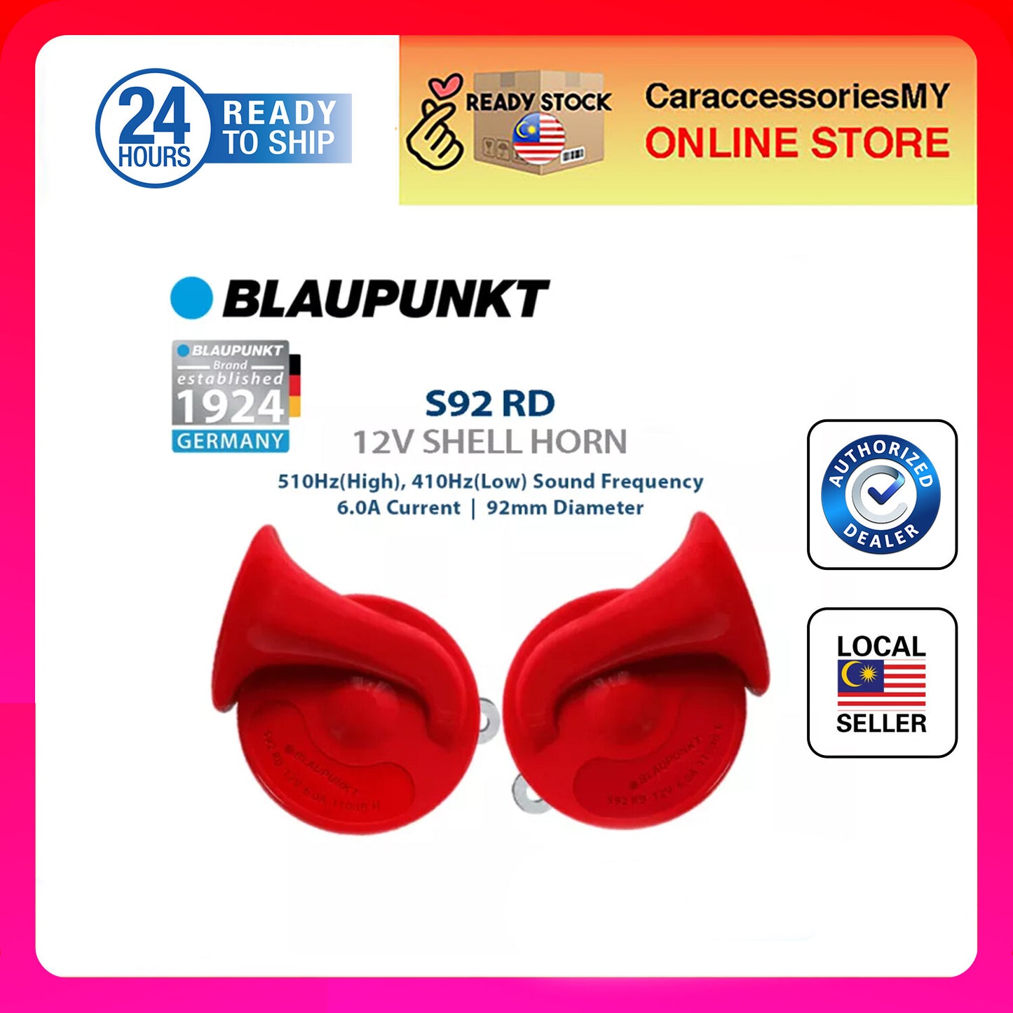 Blaupunkt Car Horn  S92 RD - 12V Shell Horn 92mm (vehicle red horn) Harmonized tone, stylish design, high durability & reliability. car accessories