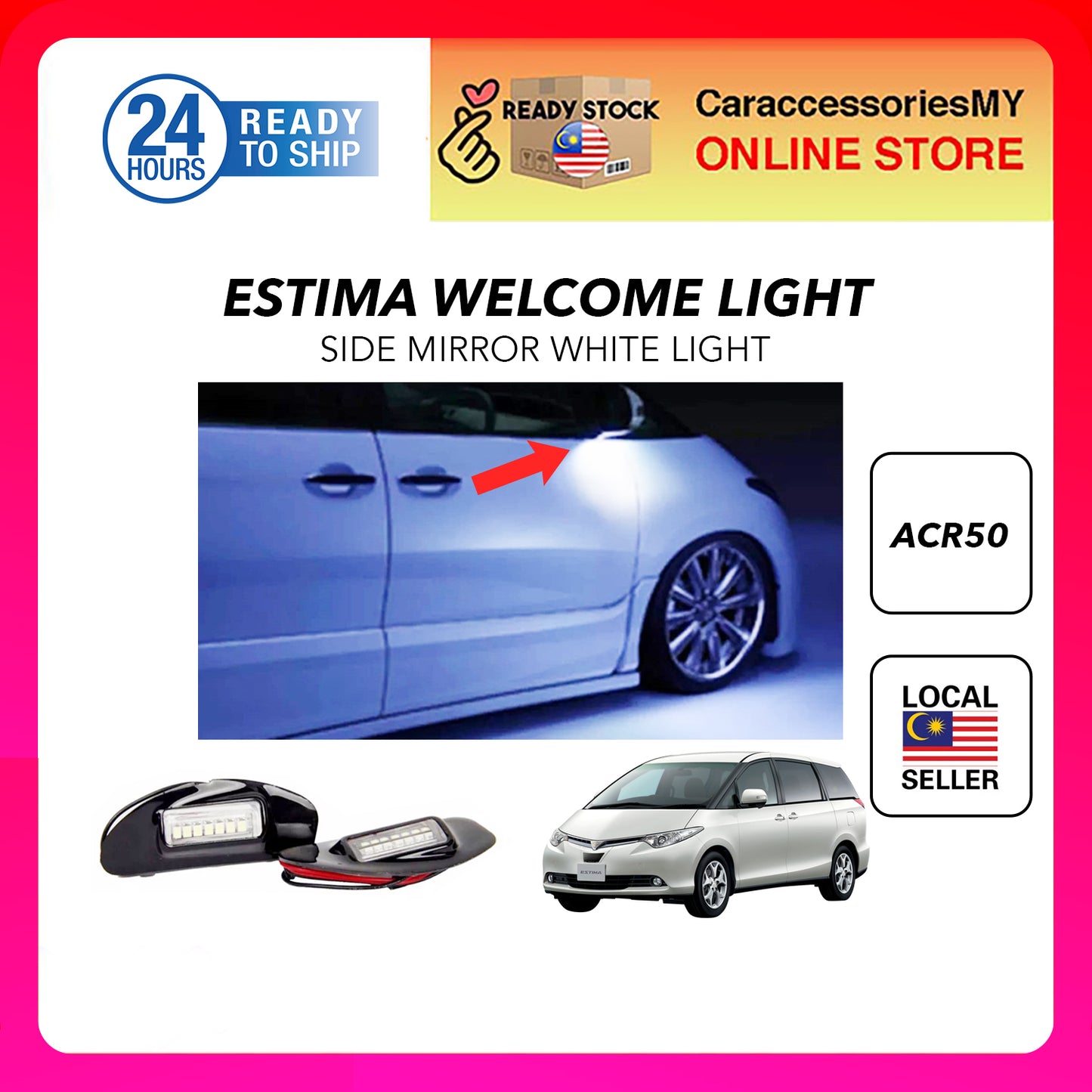 Toyota Estima Welcome LED Light Side mirror Bright White Light 2PCS - White TE-108 acr50 ghost shadow light decoration