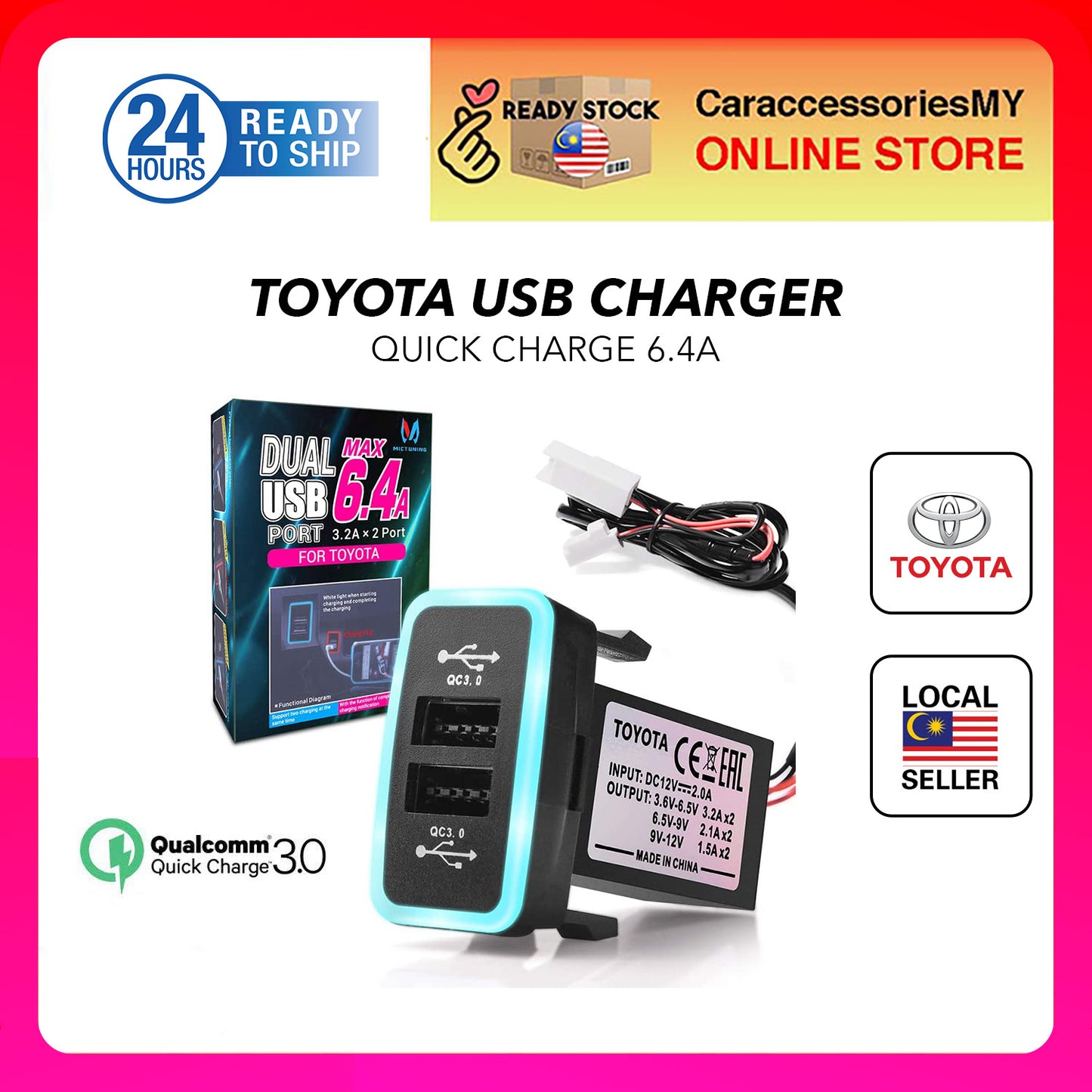 TOYOTA Old Plug & Play Smart Quick Charging 6.4A Dual USB Charger Power Socket with Blue LED (23mm X41mm) toyota car accessories