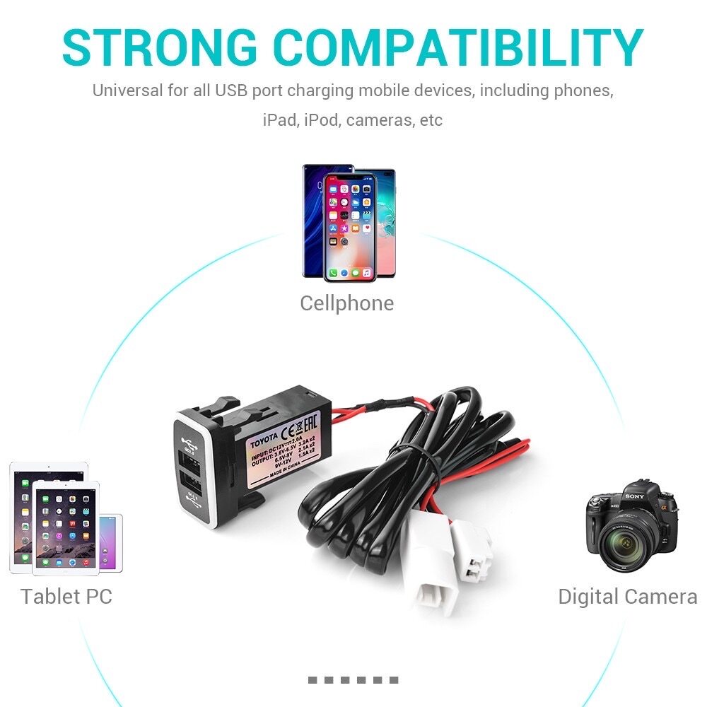 TOYOTA Old Plug & Play Smart Quick Charging 6.4A Dual USB Charger Power Socket with Blue LED (23mm X41mm) toyota car accessories