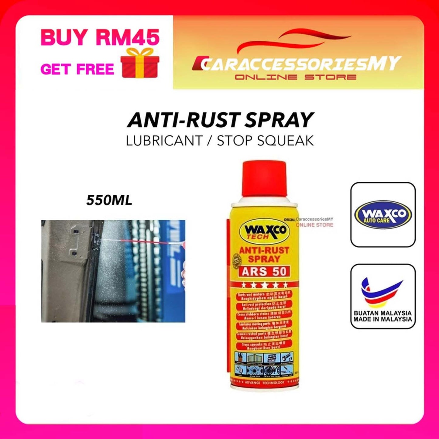 Waxco Tech Anti Rust Spray ARS-50 (550ML) car metal rust protection stubborn stains lubricants motor wd40
