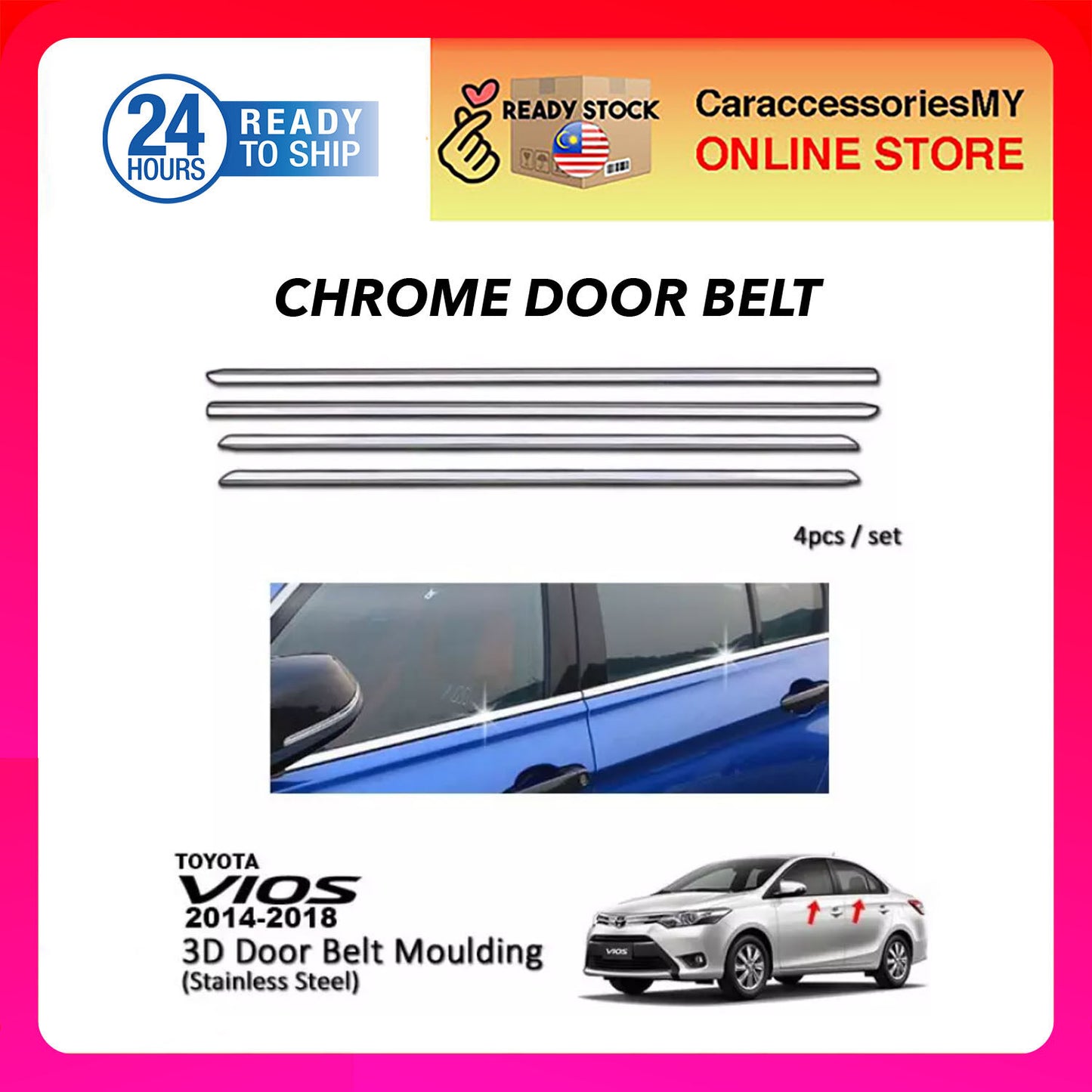 Toyota Vios 2014 Chrome Door belt Moulding Vios window trim car accessories (4pcs) car vios accessories