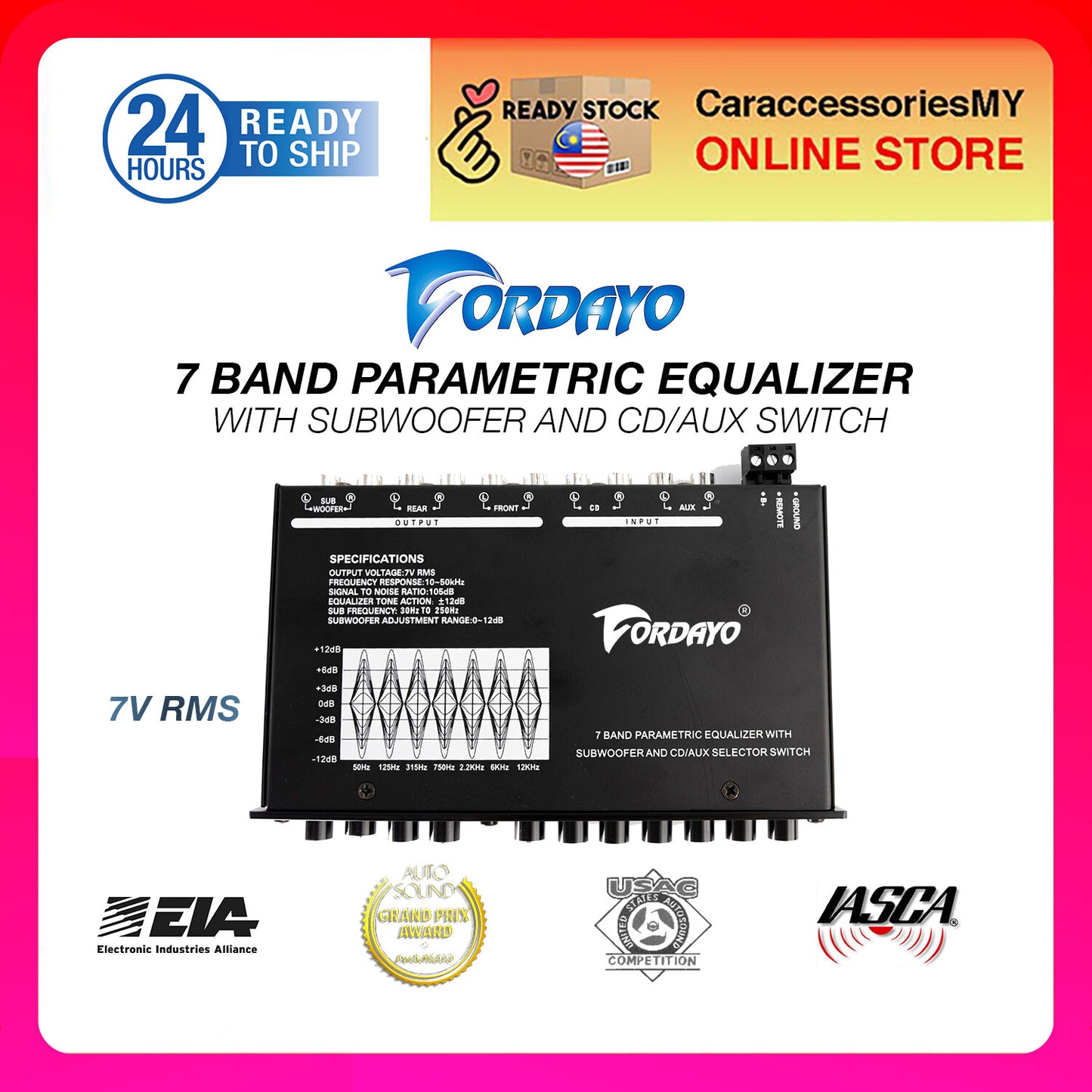 Fordayo 7 band pre amp parametric equalizer with subwoofer output and cd/aux selector switch amplifier