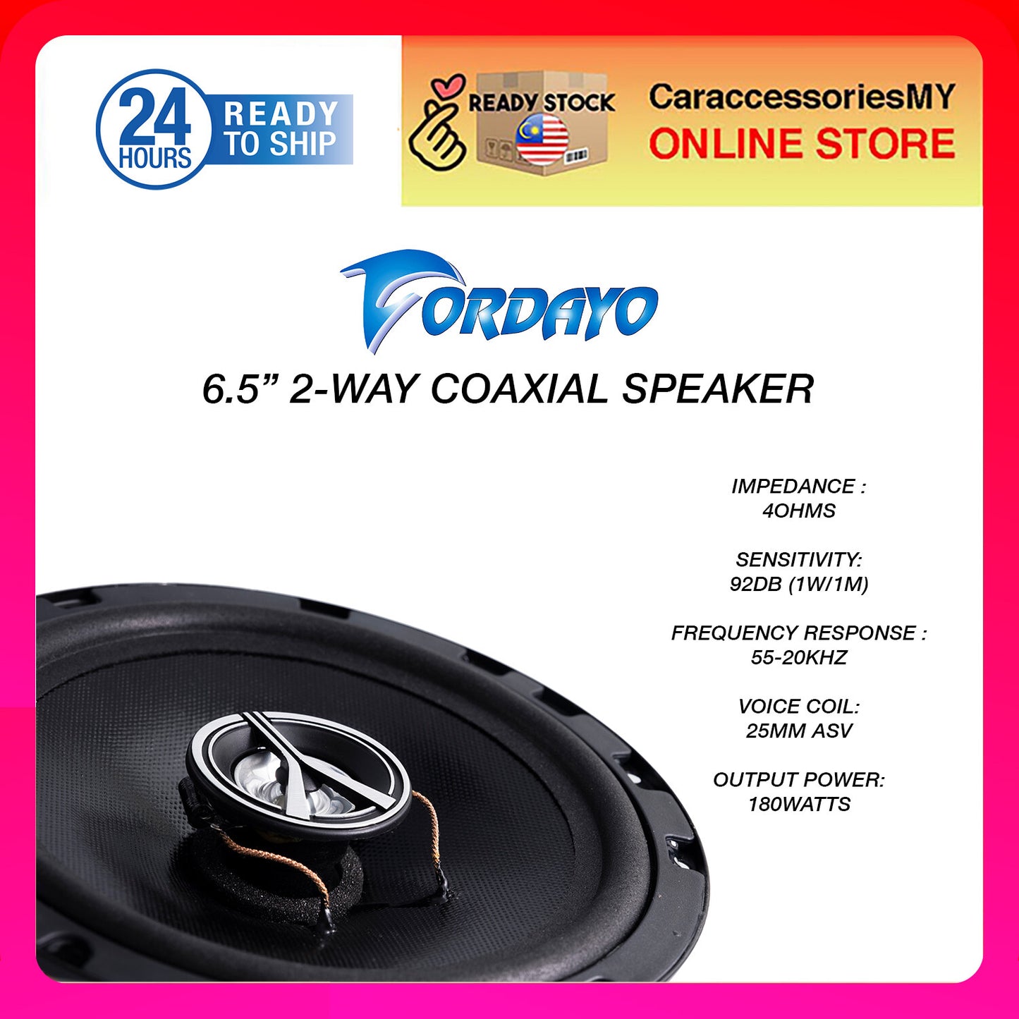 Fordayo 6.5 inch 2 way coaxial speaker car audio speakers speker kereta tweeter woofer bass 汽车喇叭音响 front & rear door universal