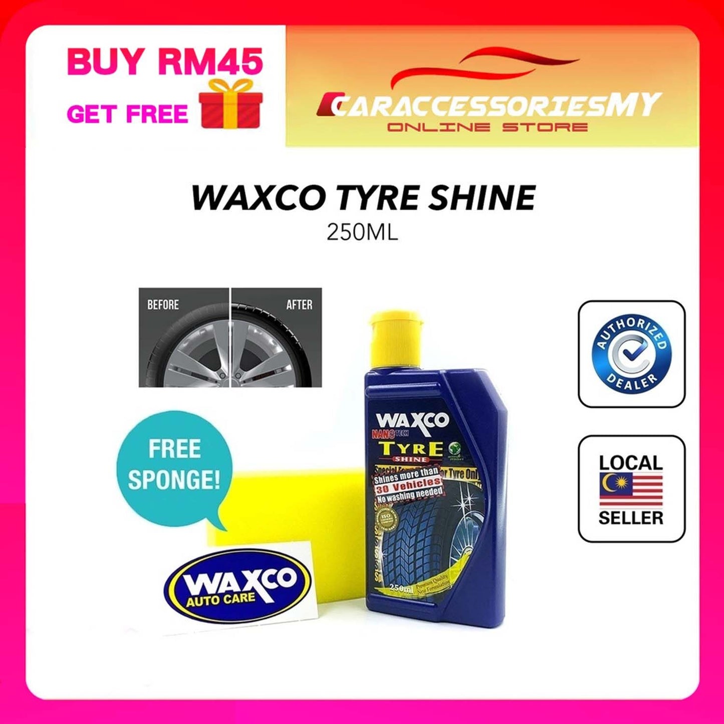Waxco Tyre Shine (250ml) kilat tire kereta malaysia car tyre polish wax free sponge nano tech 车轮胎亮滑液
