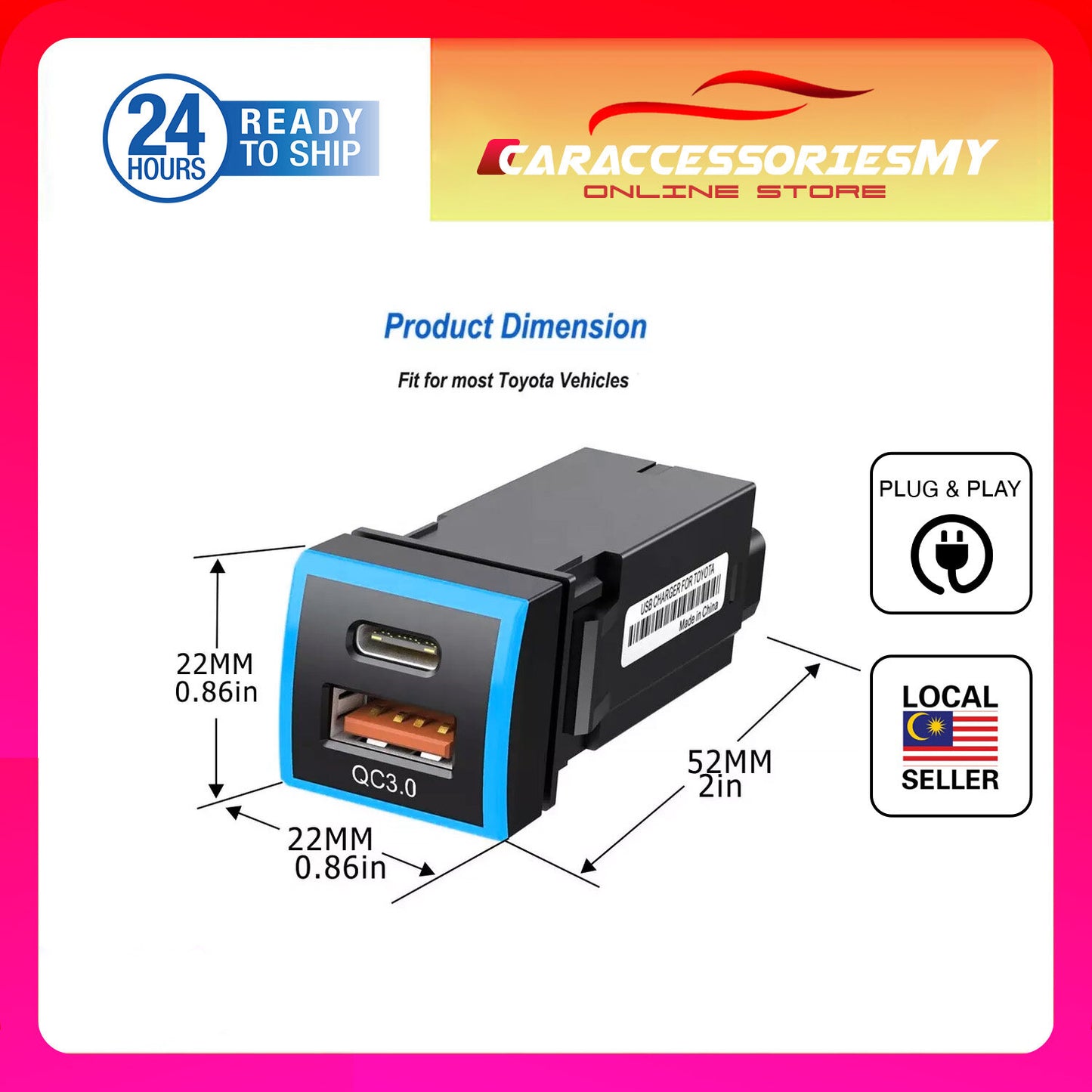 QC3.0 New Toyota USB charging port Perodua alza ativa cross veloz 2021 2022 accessories usb type c car charger