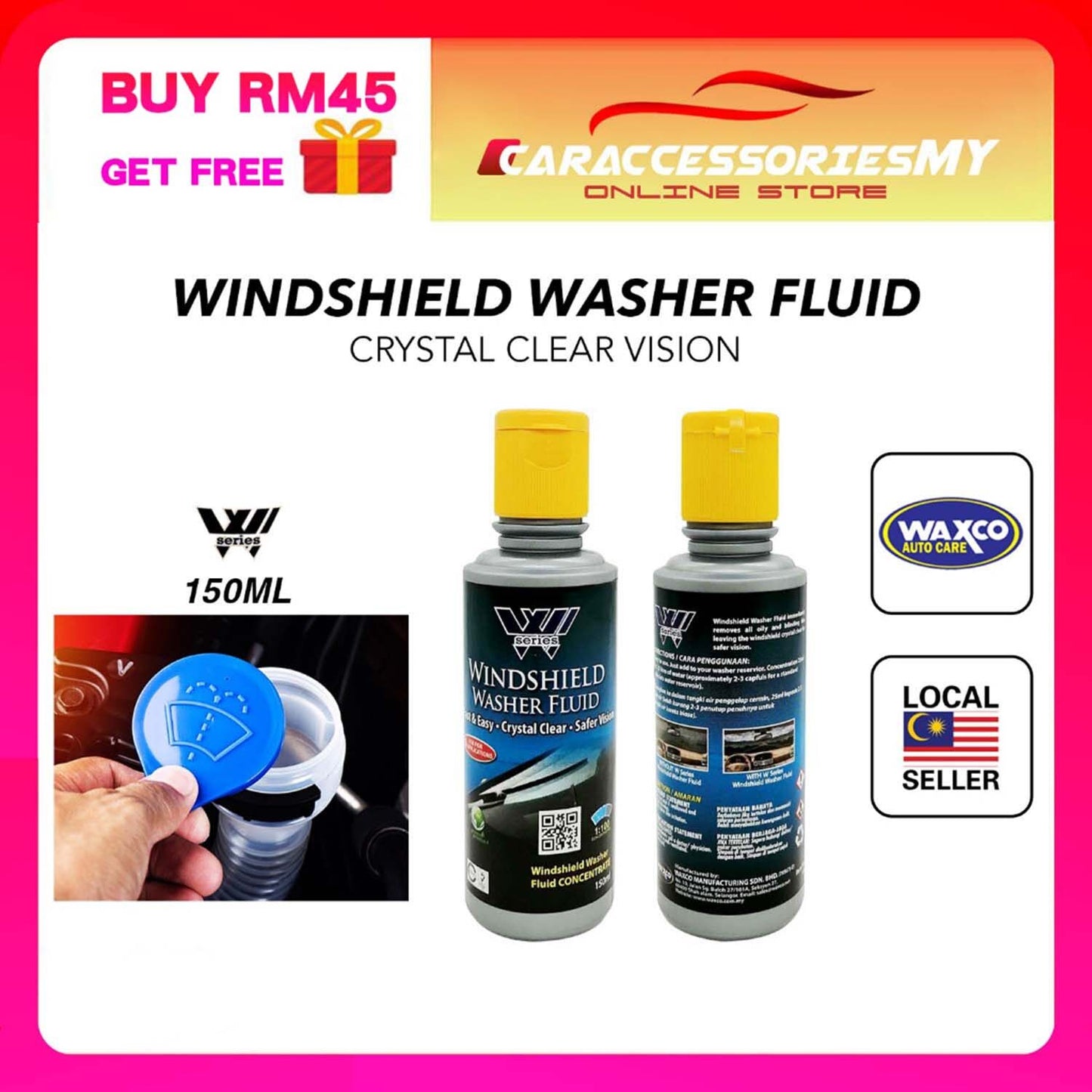 Waxco W SERIES Windshield washer fluid 150ml car wiper tank windscreen cleaner penggelap cermin kereta