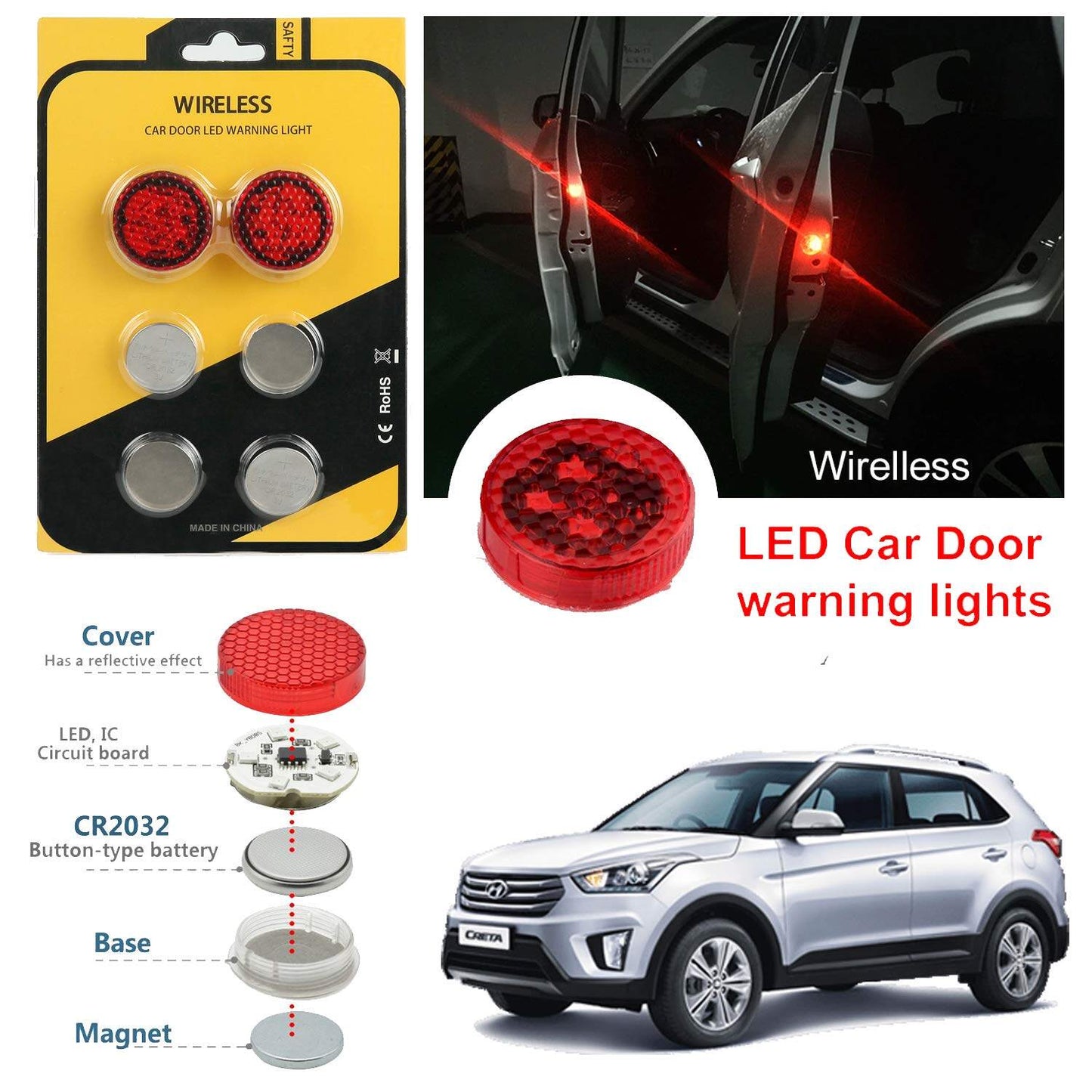 2PCS Universal Wireless Car Door LED Warning Light, Car Door Anti-collision Warning Light Sensor Light,Waterproof LED Strobe Flicker For Anti Rear-end Collision