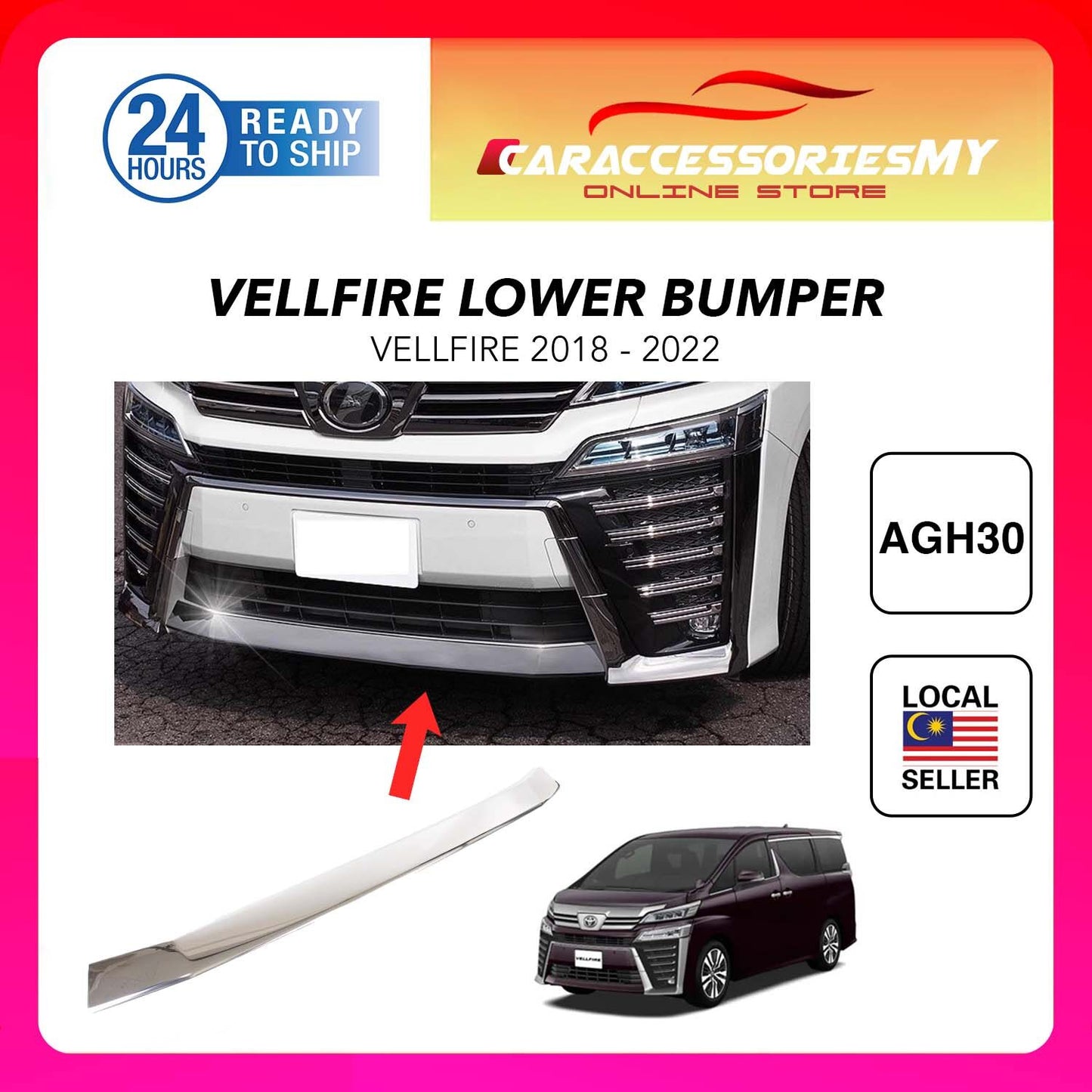 Toyota vellfire agh30 facelift front lower bumper chrome garnish guard protector 2018 to 2022