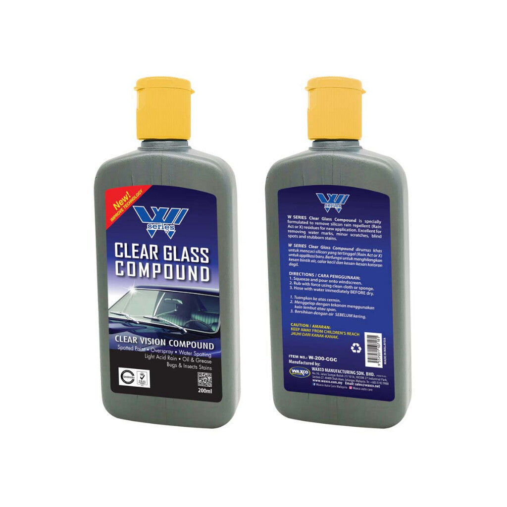 Waxco W SERIES clear glass compound remove oil spotted paint water spot stains rain act windshield scratches
