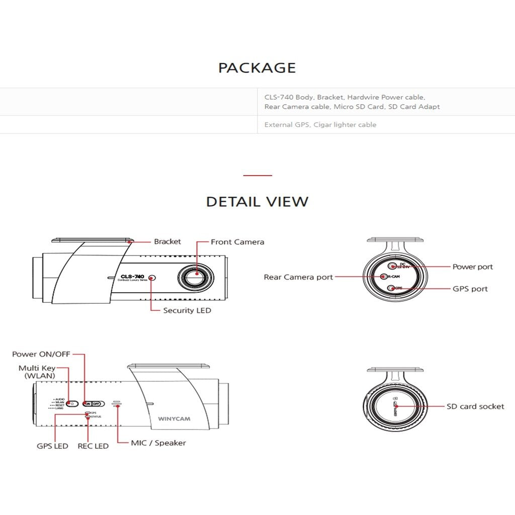 Winycam CLS-740 24 hours dashcam hidden dvr dual channel parking camera 2k qhd fhd korea car recorder adas wifi 行车记录仪