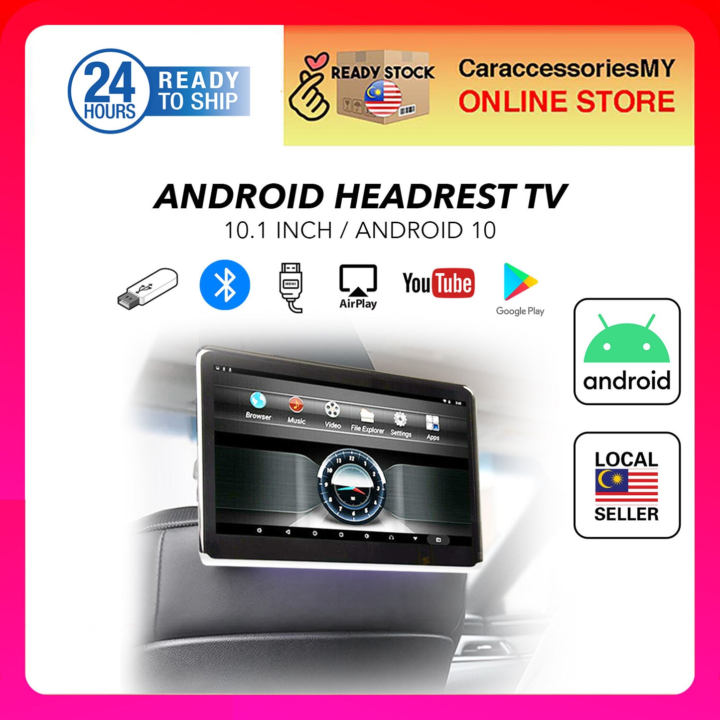 Fordayo universal android 2+32GB headrest monitor rear seat tv 10.1 inch WiFi MicroSD Clip on Airplay Kid Car TV
