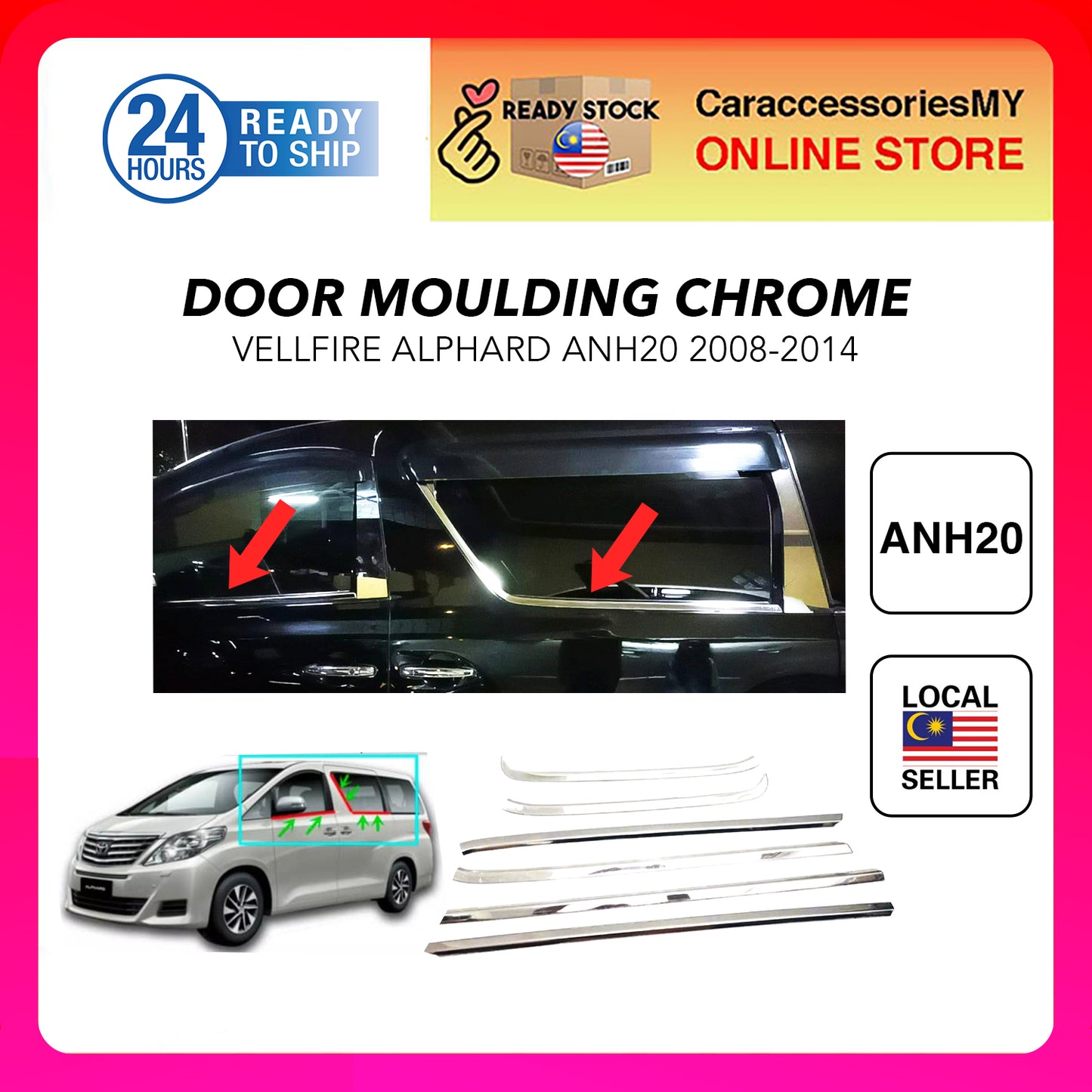 Toyota Alphard Vellfire ANH20 2008-2014 Window Moulding Chrome Door Belt Moulding Window Lining 6PCS Stainless Steel