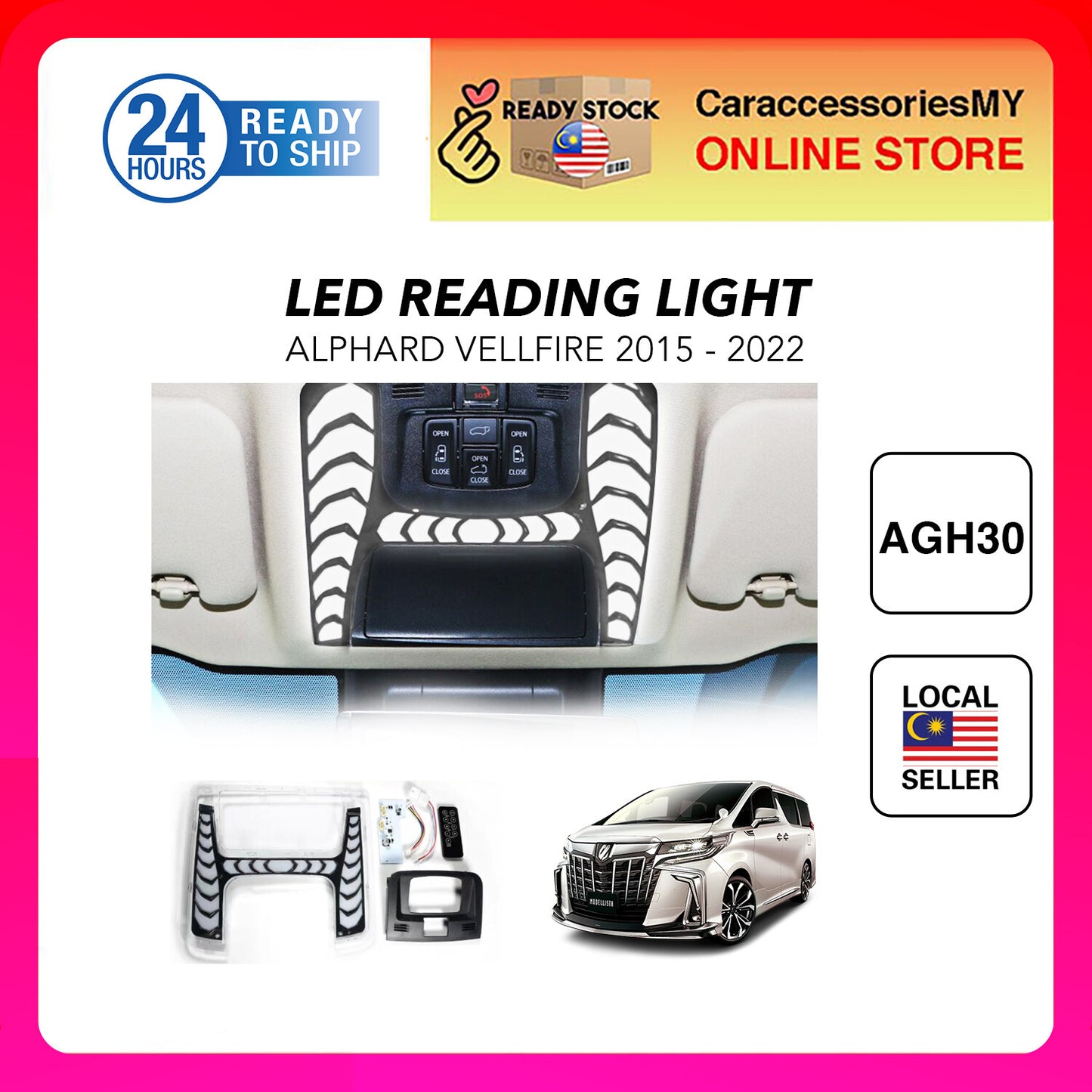 Toyota Alphard Vellfire AGH30 Interior Roof Indoor Ambient Reading Lamp Driver Front Seat Reading Light Interior Front Light Dashboard LED 丰田埃尔法威尔法内饰阅读灯