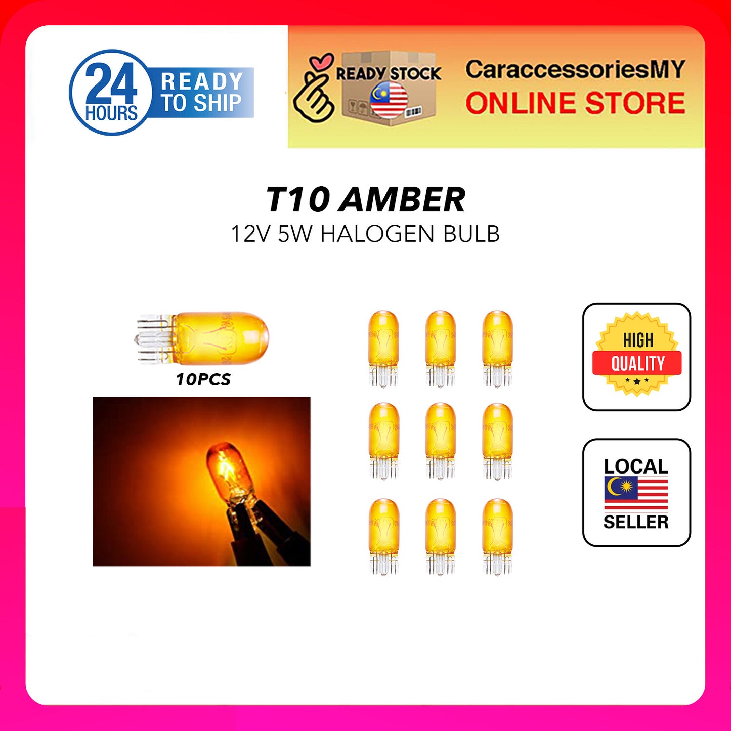 T10 12V 5W 10pcs Halogen light bulb Amber Kancil Waja Wira Viva Aruz Axia Myvi Bezza Saga Blm Flx Fl Persona