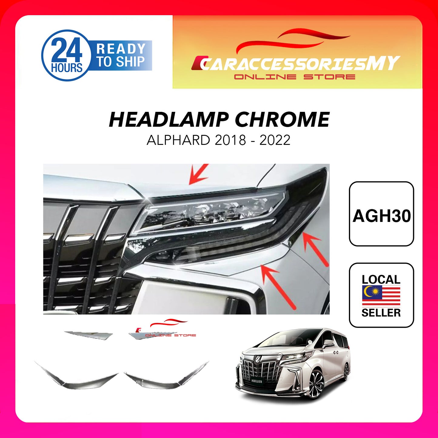 Toyota Alphard AGH30 2018 Front Bonnet Headlight Chrome Garnish Trim Cover Stainless Steel 6PCS