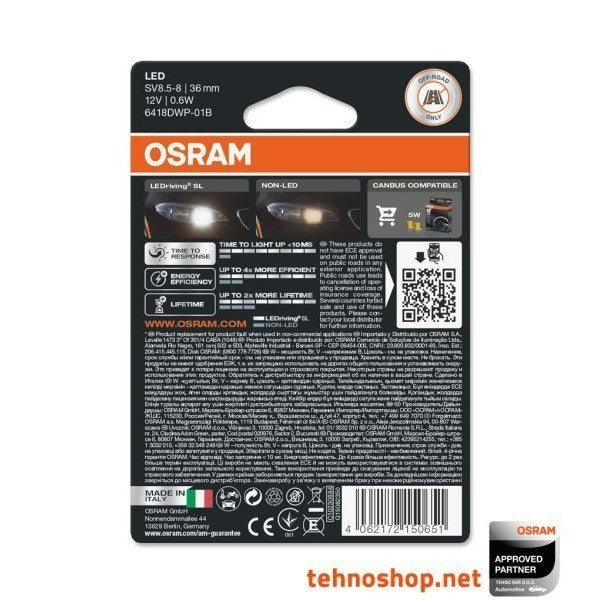 Osram Led Festoon 36mm 12V Cool White Car Interior Light Bulbs 6000k 6418 10x36 LEDriving WHITE