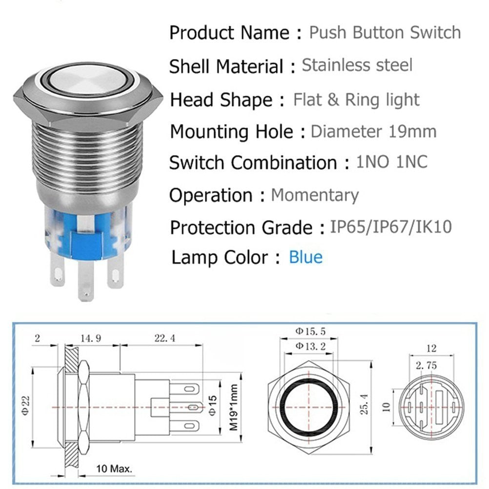 16mm momentary Car Push Button Switch ON/Off Waterproof Stainless Steel Metal Round pin with Blue LED Power Indicator