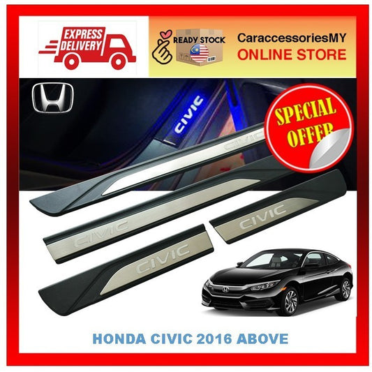 Honda Civic 2016   - Blue LED Car Door Side Sill Step Plate (4 Pcs) - Stainless Steel Blue LED Door