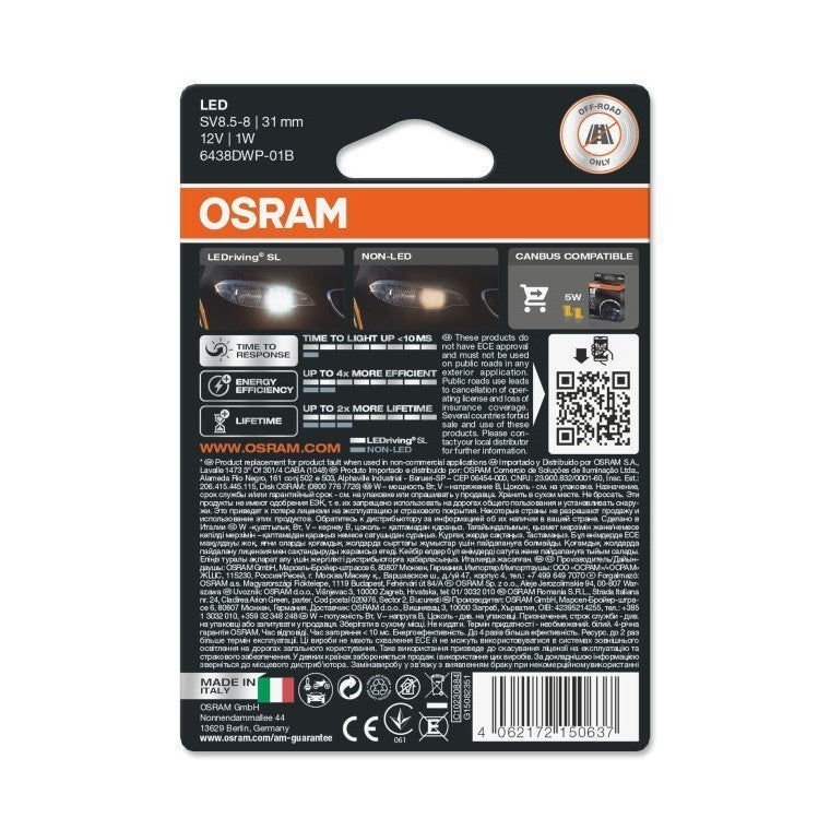 GENUINE OSRAM LED Festoon 31mm 12V Cool White 6000K 6438 10x31 car interior light LEDriving SL C5W 6438 WHITE