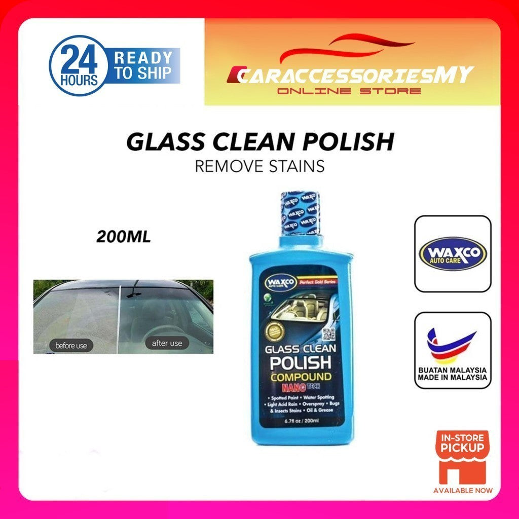 WAXCO Auto Care Glass Clean Polish Compound windshield windscreen 200ml remove oil acid rain stains kilat cermin kereta