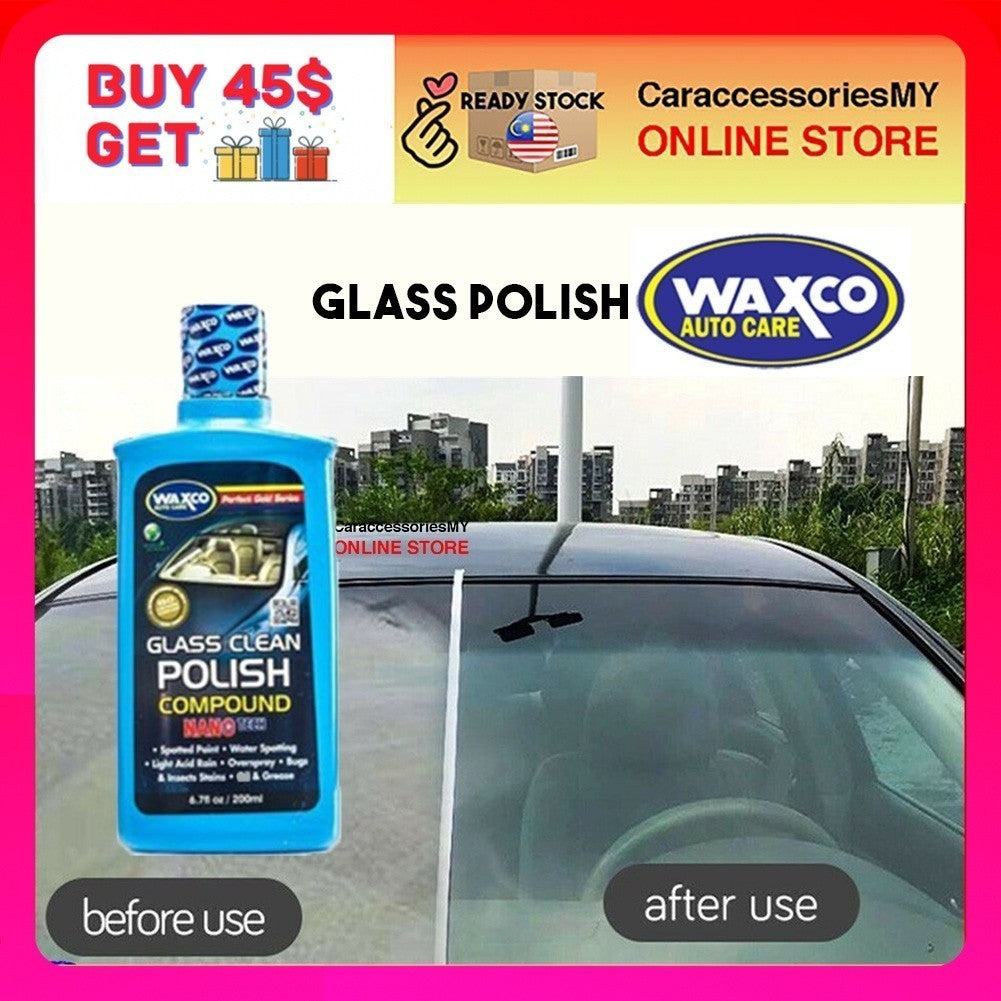 WAXCO Auto Care Glass Clean Polish Compound windshield windscreen 200ml remove oil acid rain stains kilat cermin kereta
