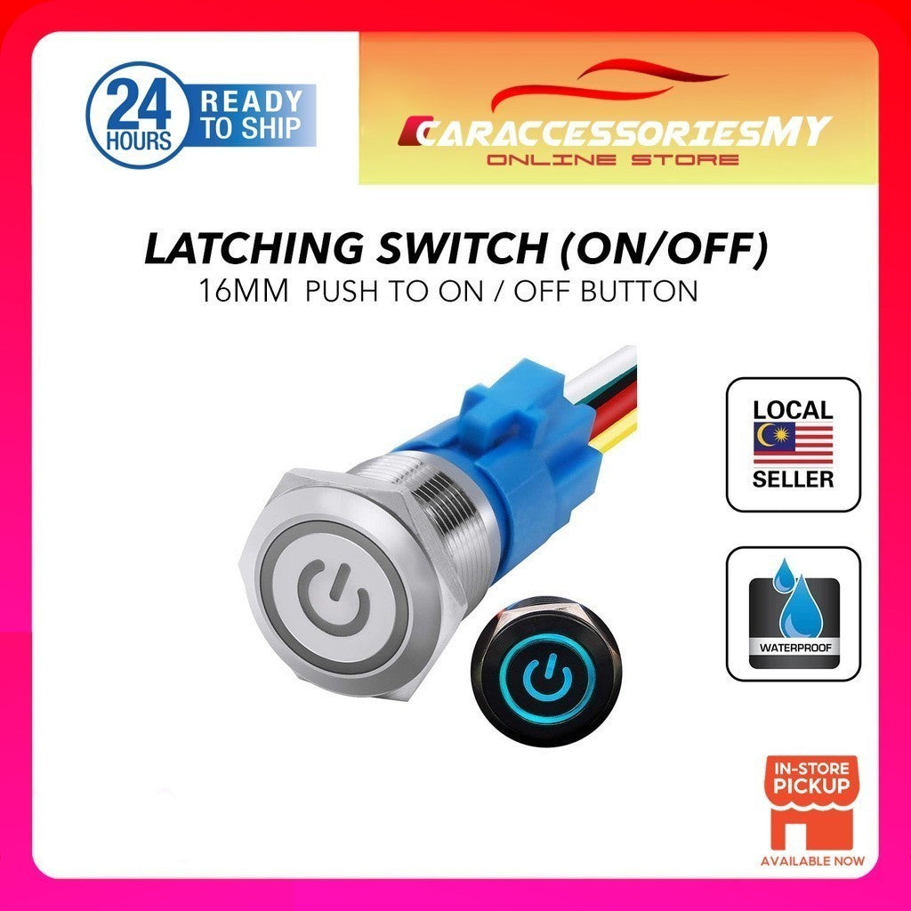 16mm latching Car Switch push ON/Off button Waterproof Stainless Steel Metal Round pin Blue LED Power Indicator