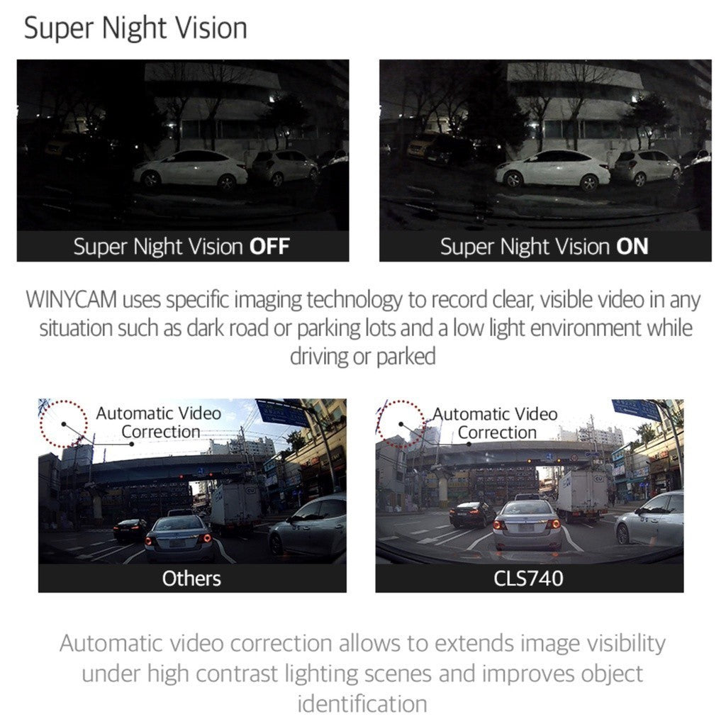 Winycam CLS-740 24 hours dashcam hidden dvr dual channel parking camera 2k qhd fhd korea car recorder adas wifi 行车记录仪