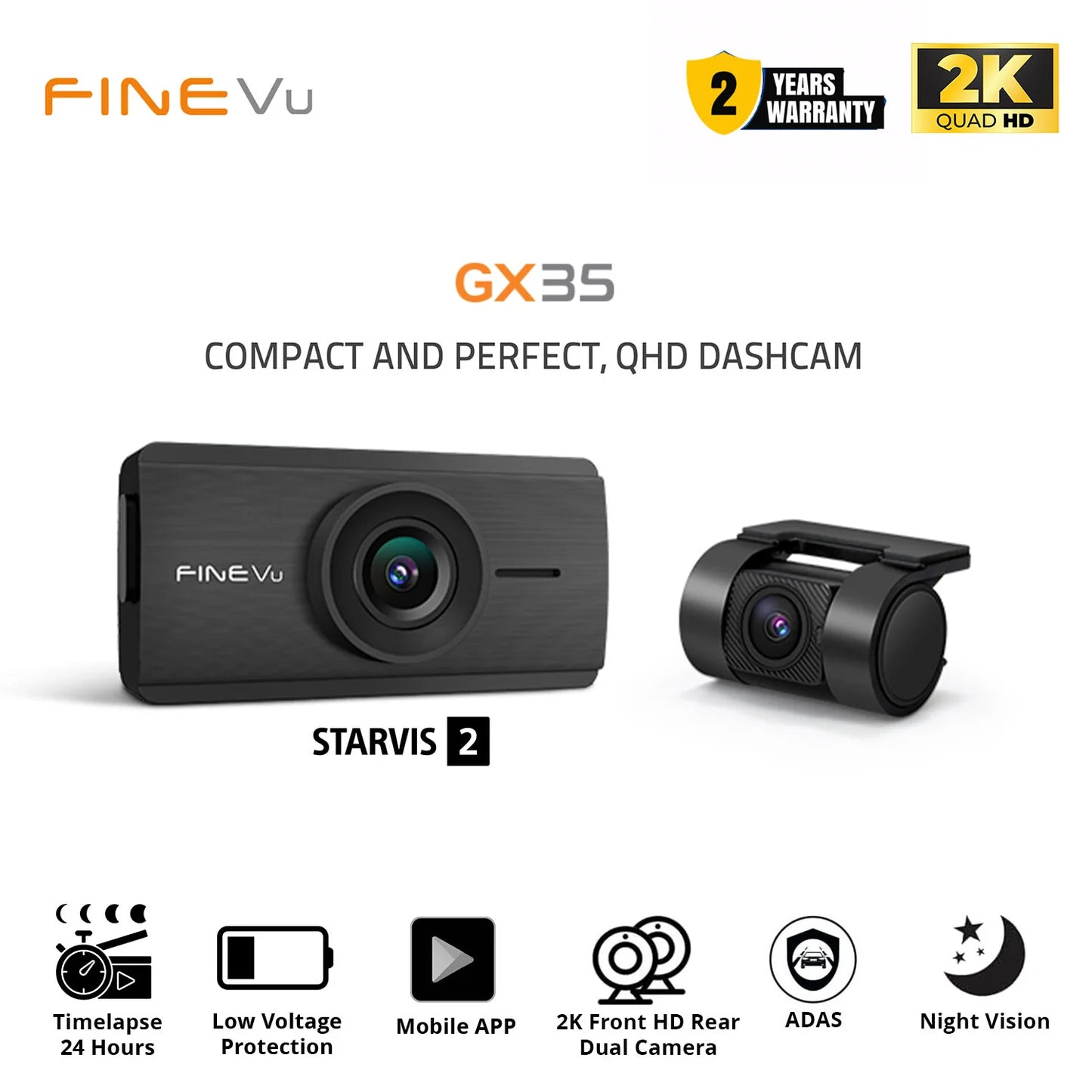 FineVu GX35 Front 2K QHD and Rear FHD 2 Channel dash cam